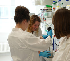 Prof Dr Katharina Höfer holds the vessel with the tomato macerate: the isolated tomato DNA was visible to the naked eye...